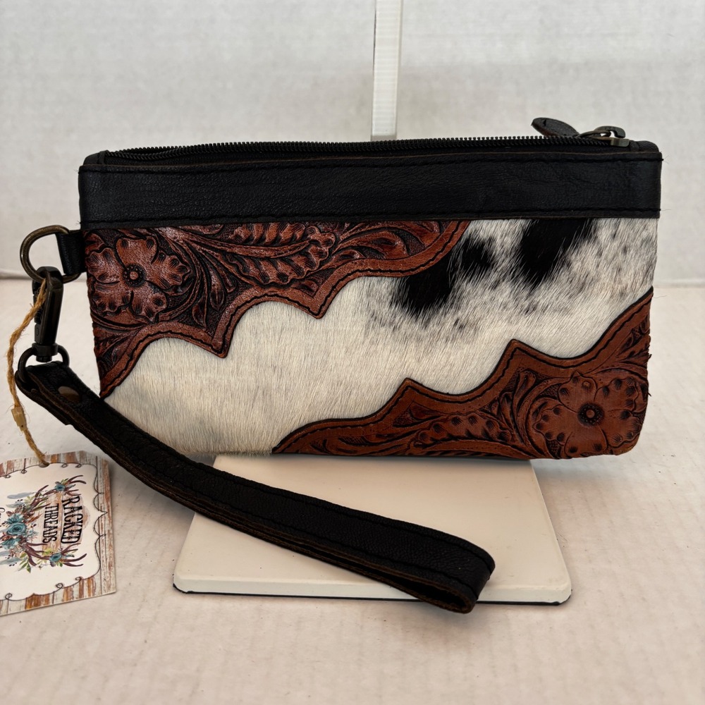 Cowhide Leather‎ Wristlet Women's Small Black Brown Tooled FloralWestern New